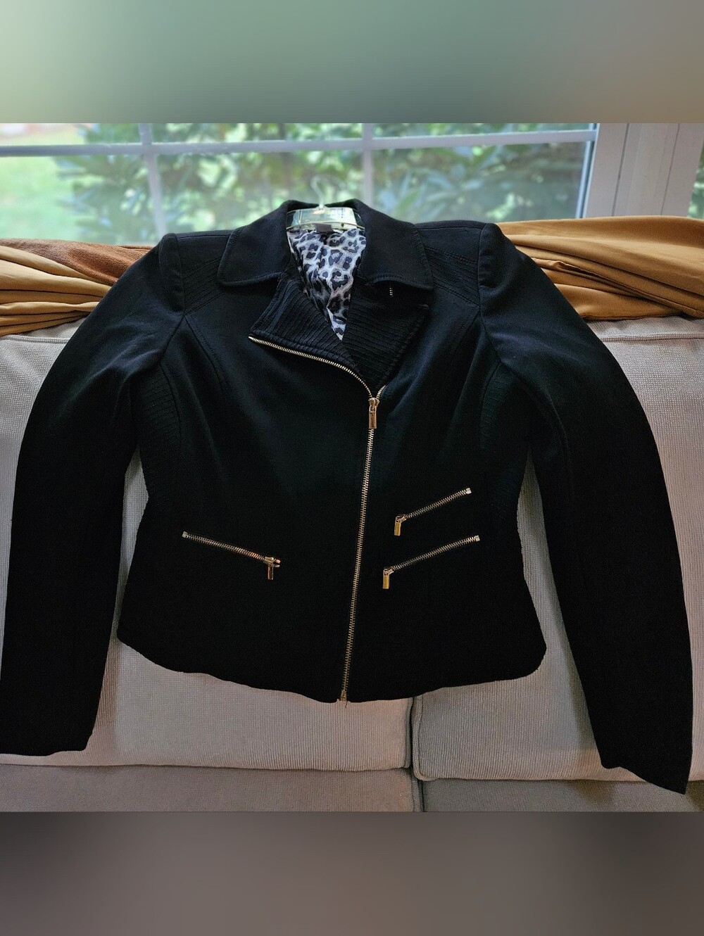 CACHÉ Black Asymmetrical Knit Moto Jacket with Leopard Lining ✨